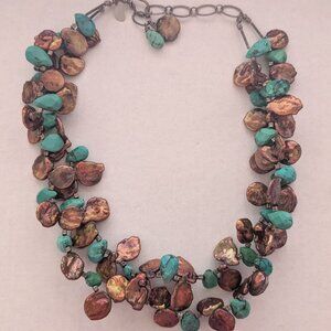 Multi Strand Faceted Turquoise Bronze Irregular Flat Pearls 925 Silver Necklace